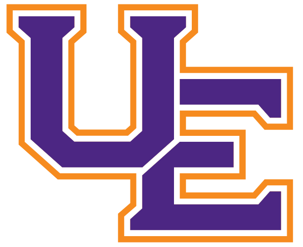 University of Evansville Logo: a U and E in Purple with a white and orange border